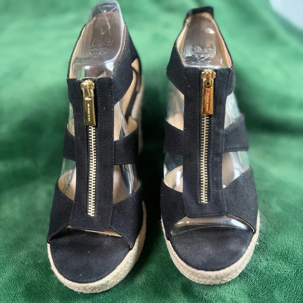 MICHAEL Michael Kors Black Canvas Espadrille Wedge Sandals